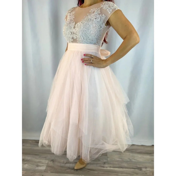 NEW O'Blanc Pink Silver Lace Tulle Formal Midi Dress $1440 - Picture 5 of 14